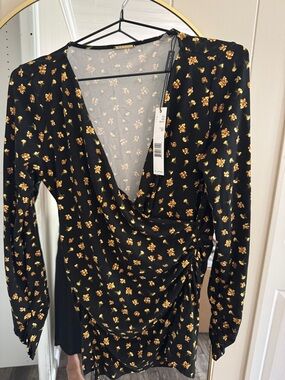 Elie Tahari Black Long-Sleeve Wrap Top with Gold Floral Print